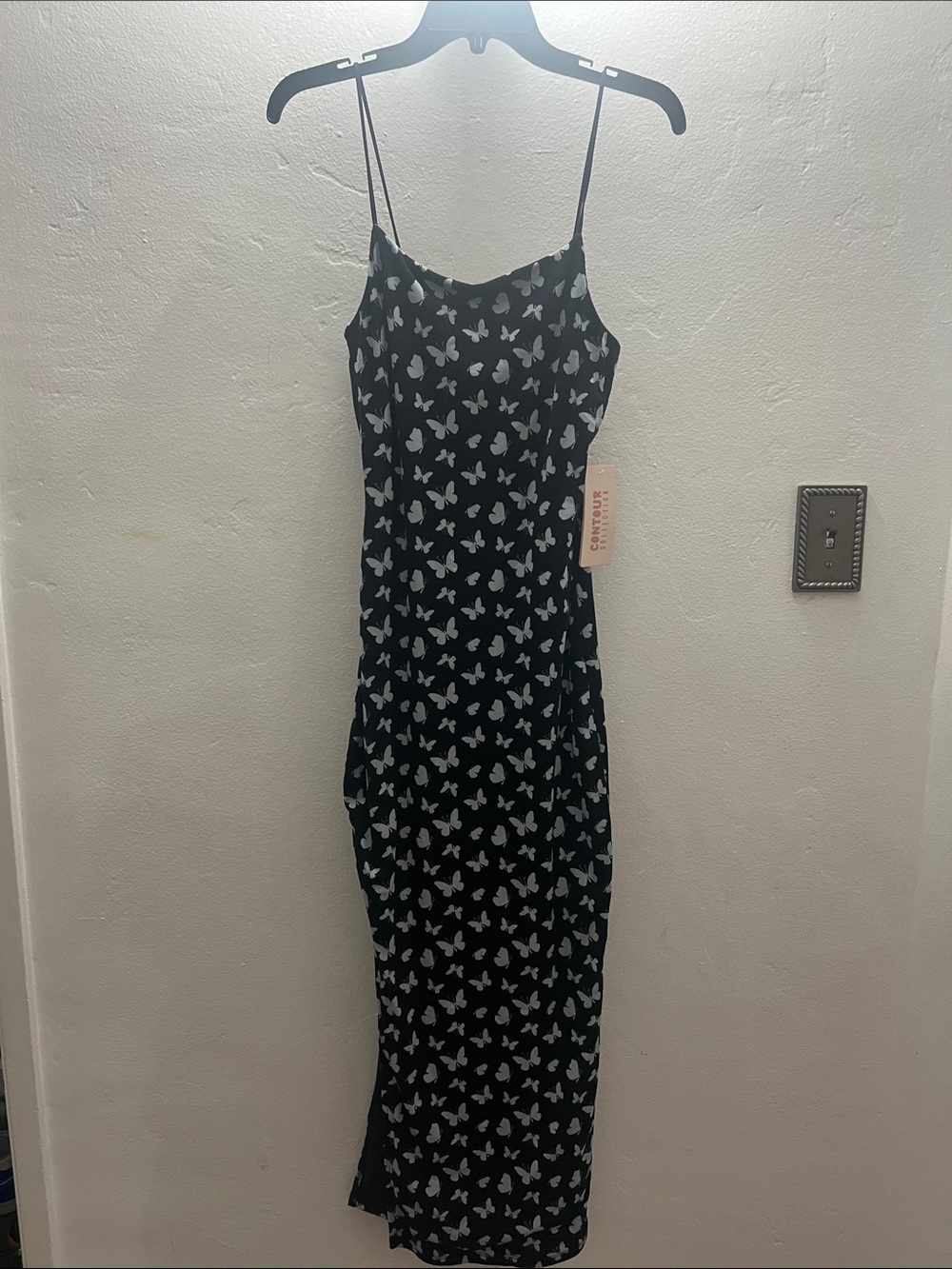 Butterfly Print Black Slip Dress with Spaghetti Straps